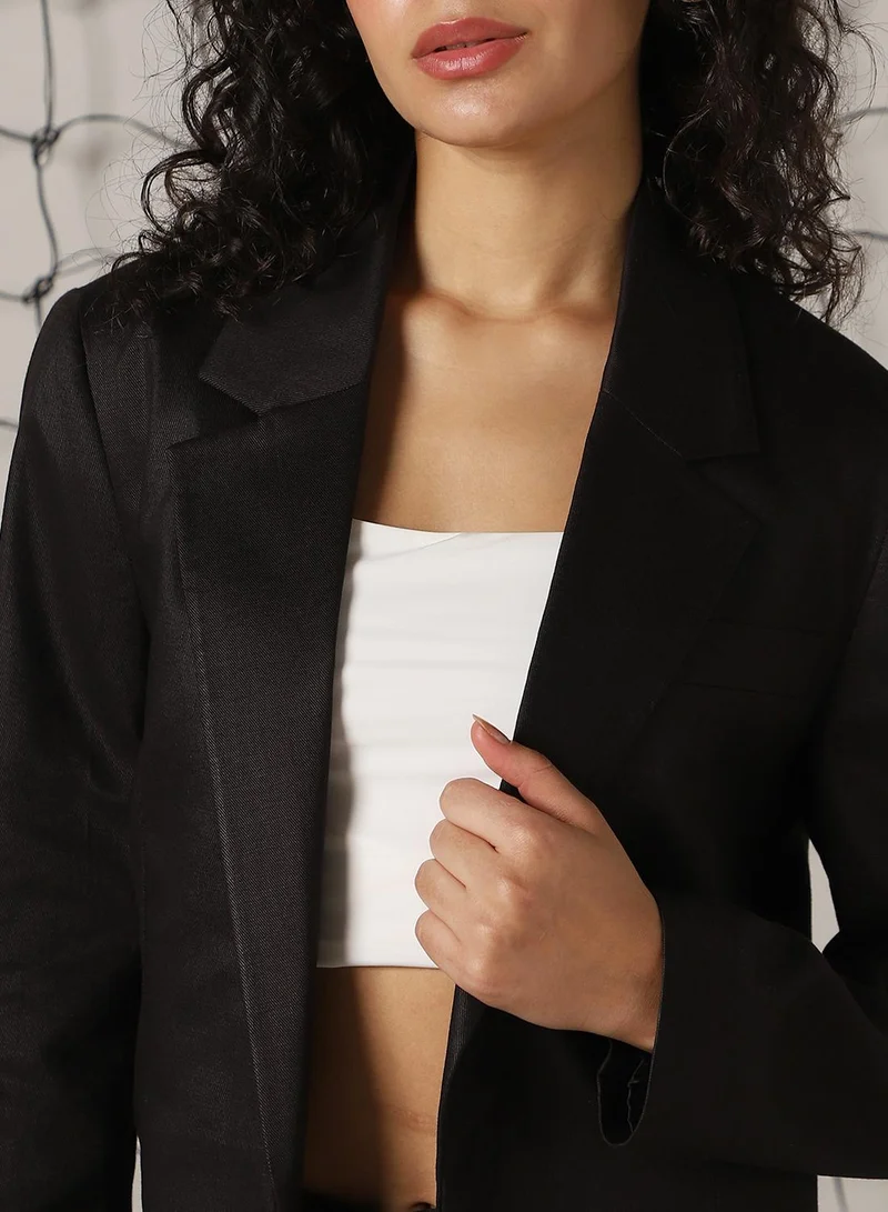 Hubberholme Women's Black Cotton Blend Solid Oversized Blazer