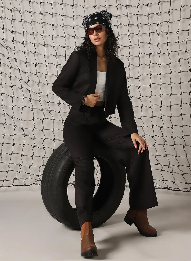 Hubberholme Women's Black Cotton Blend Solid Oversized Blazer