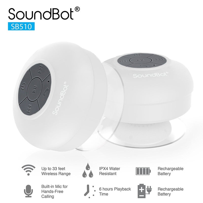 SoundBot سماعة شاور مقاومة للماء من SoundbotÂ® HD مقاومة للماء بلوتوث بدون استخدام اليدين محمولة مع أصوات واضحة وعالية 6+ ساعات من وقت التشغيل، كوب شفط لاسلكي صغير متين للسفر في الهواء الطلق والمنزل SB510 (أبيض) - Image 3