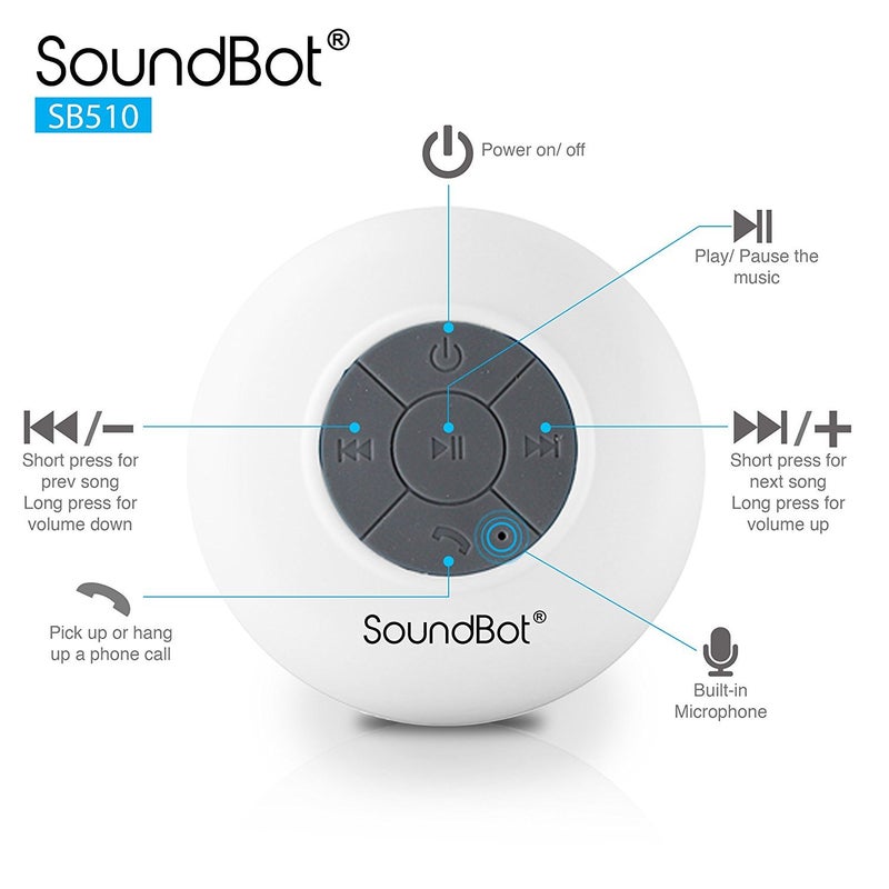 SoundBot سماعة شاور مقاومة للماء من SoundbotÂ® HD مقاومة للماء بلوتوث بدون استخدام اليدين محمولة مع أصوات واضحة وعالية 6+ ساعات من وقت التشغيل، كوب شفط لاسلكي صغير متين للسفر في الهواء الطلق والمنزل SB510 (أبيض) - Image 4