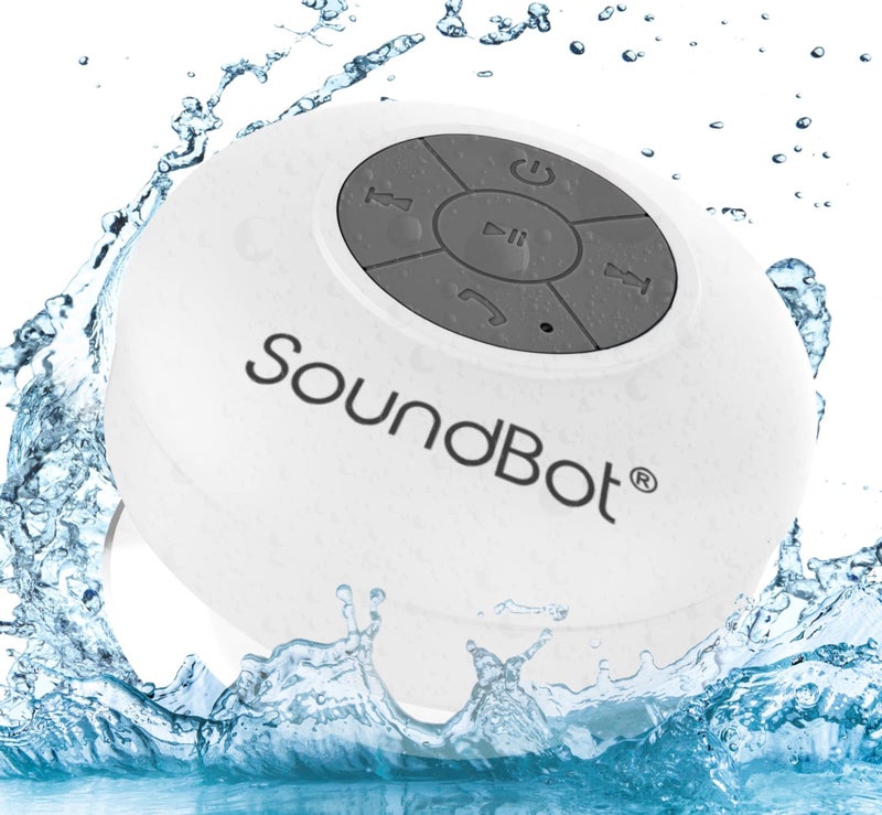 SoundBot سماعة شاور مقاومة للماء من SoundbotÂ® HD مقاومة للماء بلوتوث بدون استخدام اليدين محمولة مع أصوات واضحة وعالية 6+ ساعات من وقت التشغيل، كوب شفط لاسلكي صغير متين للسفر في الهواء الطلق والمنزل SB510 (أبيض) - Image 1