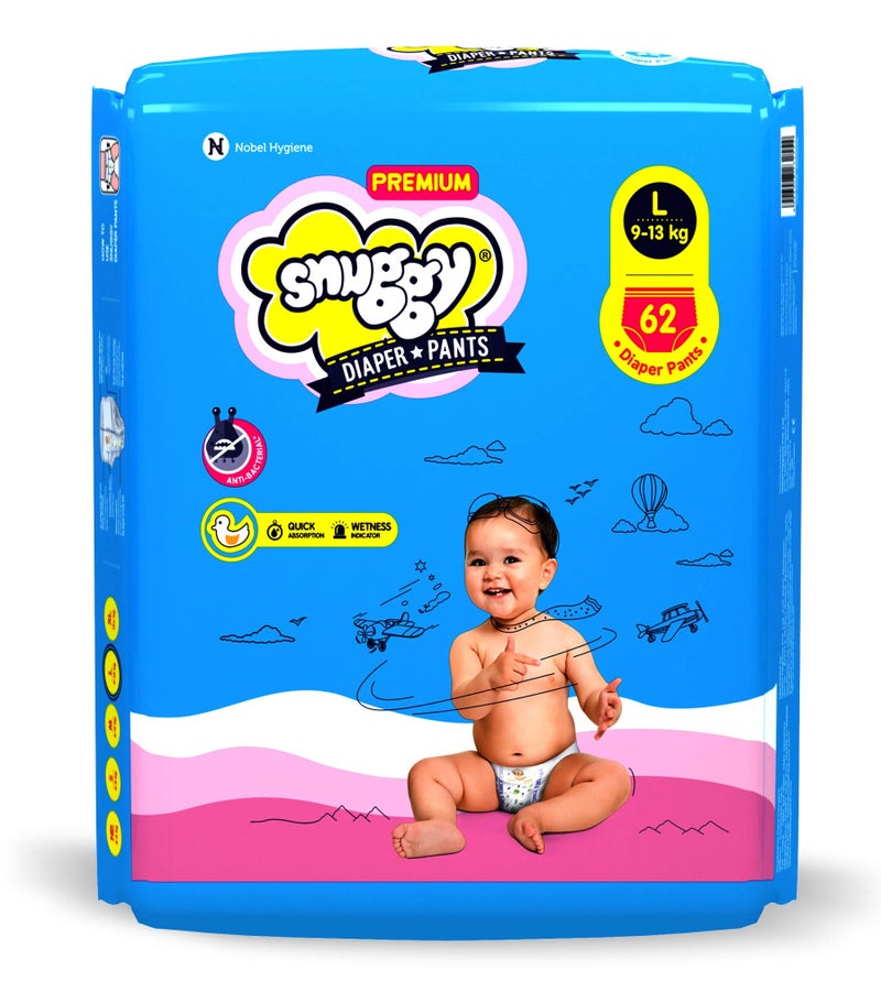 SNUGGY Baby Premium Diaper Pants Large (Pack of 62), 9-13 kgs, Rapid Absorption, Anti - Bacterial - Image 1