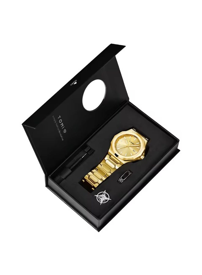 TOMI Luxury Business Men's Watch Gift Box Set High Quality Gold Case Simple and Versatile Quartz Watch Relogio Masculino