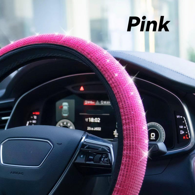 Limsas Bling Steering Wheel Cover, Rhinestone Steering Wheel Cover with Crystal Diamond for Women, Sparkling Car Wheel Protector Universal Fit 14-15 inches - Hot Pink - Image 3