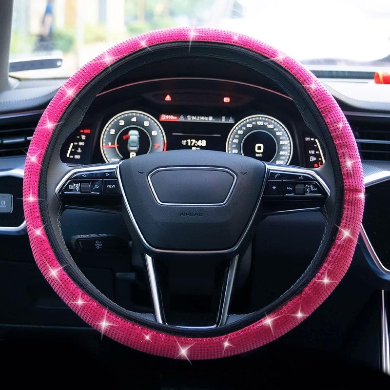 Limsas Bling Steering Wheel Cover, Rhinestone Steering Wheel Cover with Crystal Diamond for Women, Sparkling Car Wheel Protector Universal Fit 14-15 inches - Hot Pink - Image 2