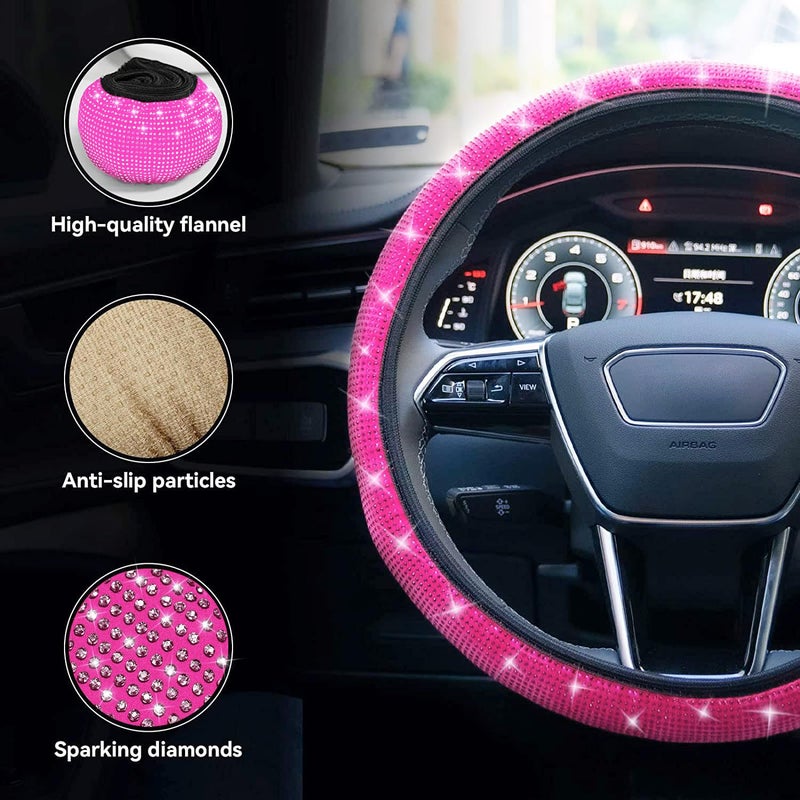 Limsas Bling Steering Wheel Cover, Rhinestone Steering Wheel Cover with Crystal Diamond for Women, Sparkling Car Wheel Protector Universal Fit 14-15 inches - Hot Pink - Image 4