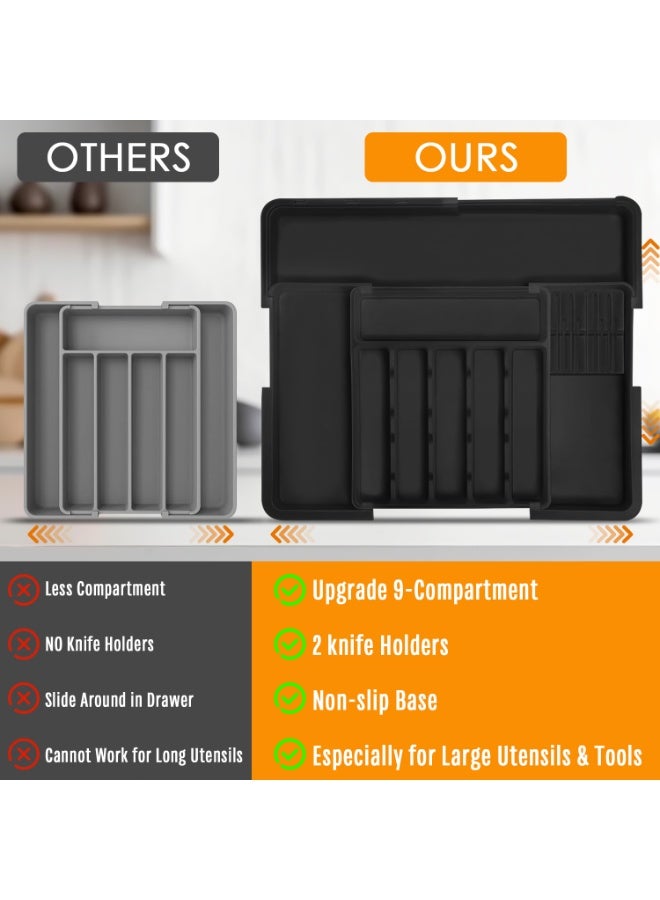 ناكسي فلاي منظم أدوات المائدة الكبير من الفضة، منظم درج المطبخ القابل للتوسيع خالٍ من مادة BPA مع منظم أدوات وقابلية إزالة اثنين من قواعد السكاكين، صينية أدوات المائدة بمقاس 22 × 19 بوصة لأدوات المطبخ (6-9 فتحات) - Image 5