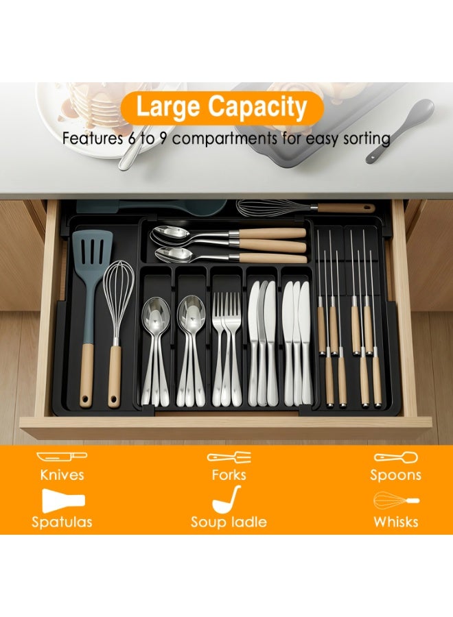 ناكسي فلاي منظم أدوات المائدة الكبير من الفضة، منظم درج المطبخ القابل للتوسيع خالٍ من مادة BPA مع منظم أدوات وقابلية إزالة اثنين من قواعد السكاكين، صينية أدوات المائدة بمقاس 22 × 19 بوصة لأدوات المطبخ (6-9 فتحات) - Image 4