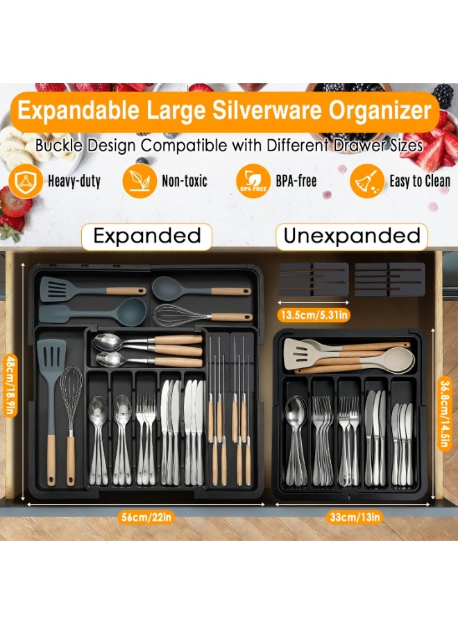 ناكسي فلاي منظم أدوات المائدة الكبير من الفضة، منظم درج المطبخ القابل للتوسيع خالٍ من مادة BPA مع منظم أدوات وقابلية إزالة اثنين من قواعد السكاكين، صينية أدوات المائدة بمقاس 22 × 19 بوصة لأدوات المطبخ (6-9 فتحات) - Image 2