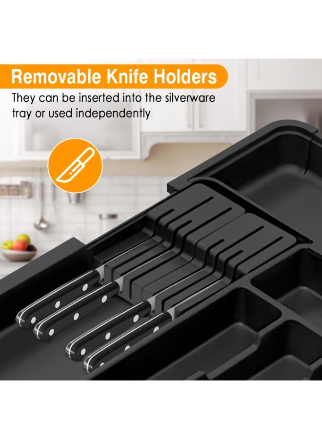 ناكسي فلاي منظم أدوات المائدة الكبير من الفضة، منظم درج المطبخ القابل للتوسيع خالٍ من مادة BPA مع منظم أدوات وقابلية إزالة اثنين من قواعد السكاكين، صينية أدوات المائدة بمقاس 22 × 19 بوصة لأدوات المطبخ (6-9 فتحات) - Image 3