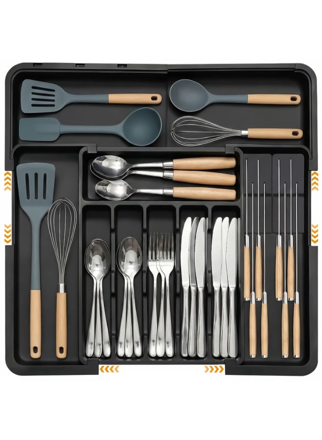 ناكسي فلاي منظم أدوات المائدة الكبير من الفضة، منظم درج المطبخ القابل للتوسيع خالٍ من مادة BPA مع منظم أدوات وقابلية إزالة اثنين من قواعد السكاكين، صينية أدوات المائدة بمقاس 22 × 19 بوصة لأدوات المطبخ (6-9 فتحات) - Image 1