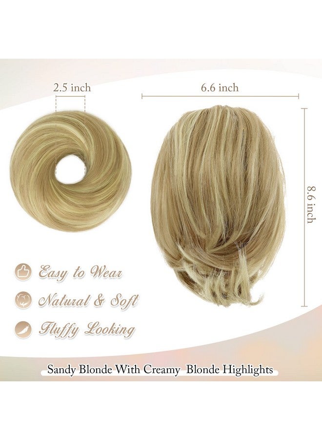 BARSDAR Straight Hair Bun Extensions, Short Ponytail Blonde Hair Bun Extensions For Women, Synthetic Messy Bun Hairpieces Elastic Easy Hair Bun Scrunchies Girls- Sandy Blonde & Creamy Highlights - Image 1