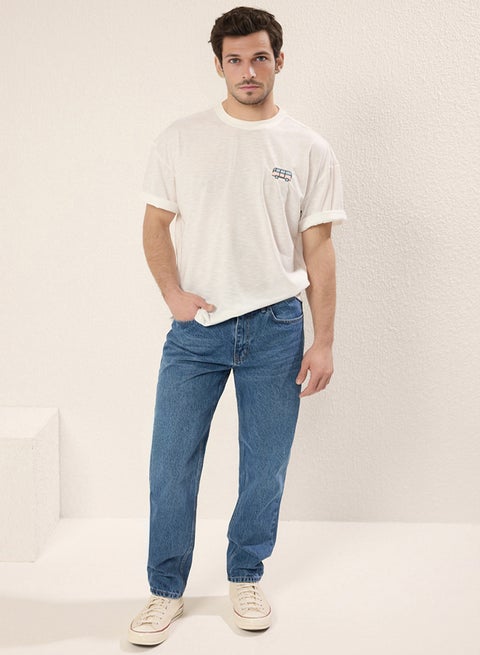 White Oversize/Wide Cut Car Embroidered 100% Cotton T-Shirt
