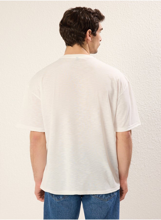trendyol White Oversize/Wide Cut Car Embroidered 100% Cotton T-Shirt  - Image 5