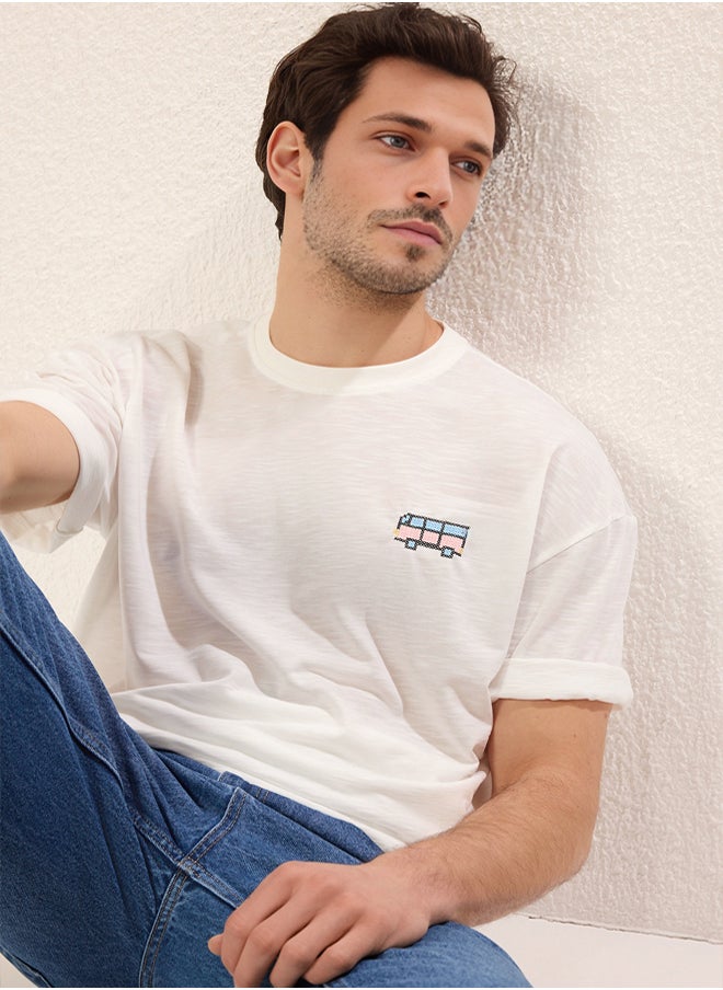 trendyol White Oversize/Wide Cut Car Embroidered 100% Cotton T-Shirt  - Image 2