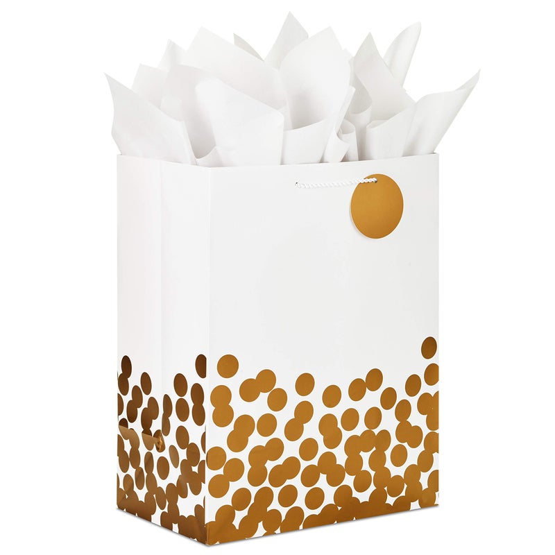Hallmark 17 Extra Large Gift Bag with Tissue Paper White with Gold Polka Dots for Christmas Hanukkah Weddings Engagements Bridal Showers Graduations Retirements Birthdays Valentines Day