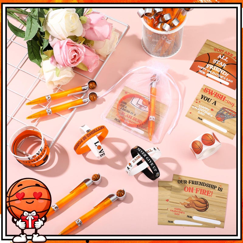 Chivertion 32 Set Basketball Valentines Gifts Include Basketball Valentines Cards Pens Sports Silicone Bracelet Stickers Exchange Gift Bulk Basketballs Party Favors for Valentine Goodie Bags Stuffers - Image 5