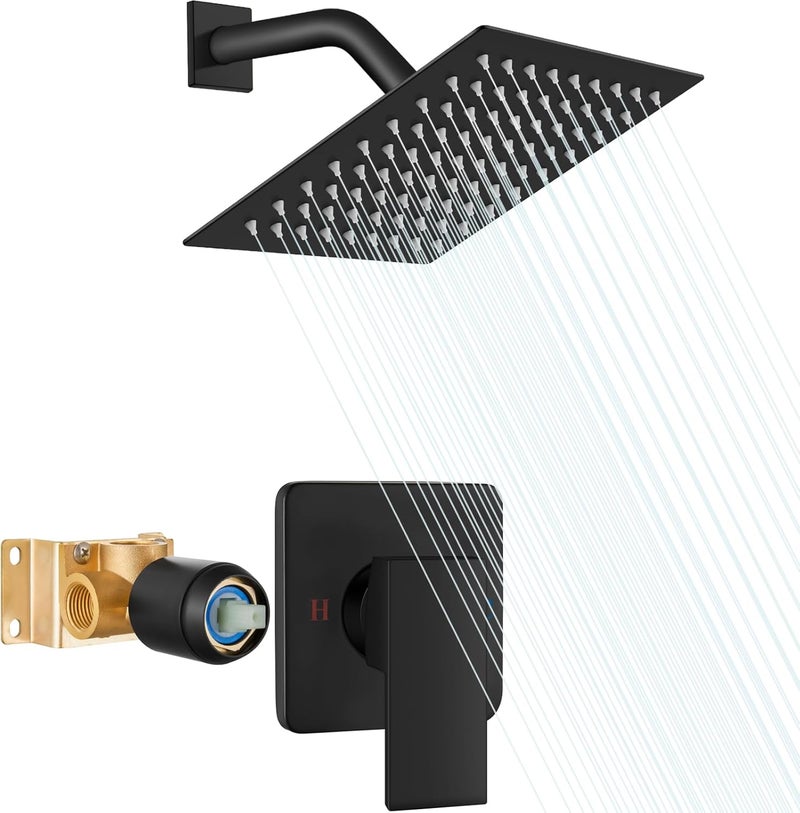 Heyalan 8 Inch Shower Head and Handle Set Square Shower Faucet Set Bathroom Rainfall Shower System Stainless Steel Showerhead Single Function Shower Trim Kit,Female Thread Valve,Matte Black - Image 1