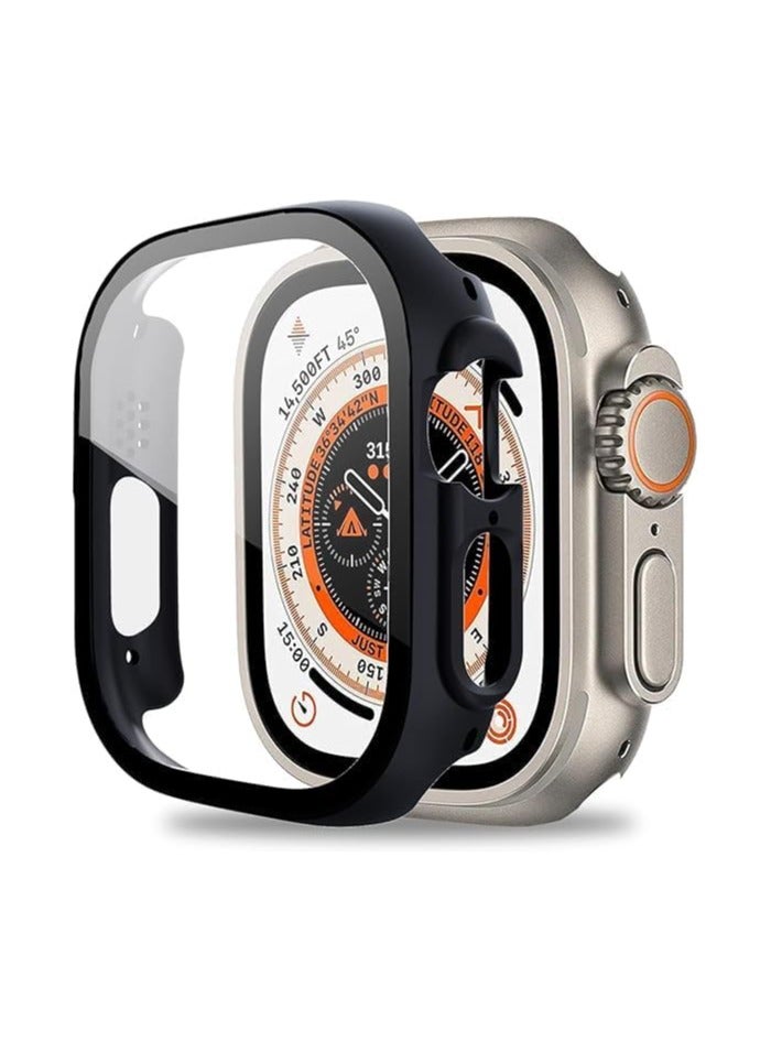 متوافق مع حافظة Apple Watch Ultra 49 مم مع واقي شاشة من الزجاج المقوى، غطاء حماية رفيع للغاية من البولي كربونات حماية كاملة لساعة Apple Watch 49 مم (أسود)