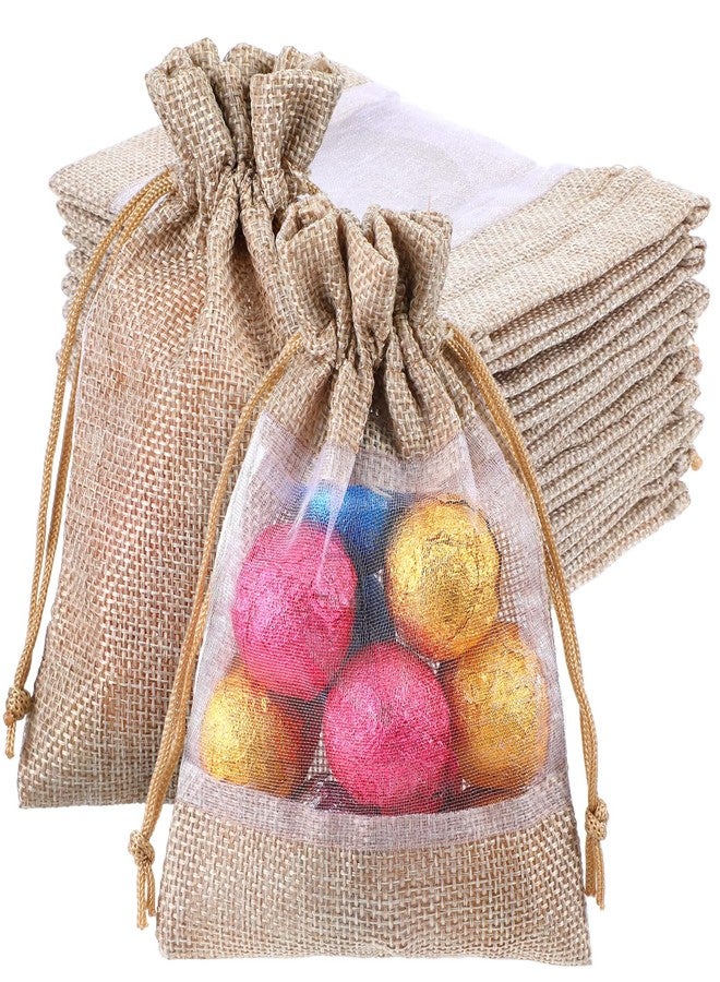 Xaajooio 50 Pcs 4 x 6 Inch Flaxen Burlap Organza Drawstring Gift Bags, Reusable Small Mesh Gift Bag for Wedding Party Christmas - Image 1