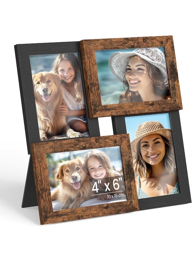 SONGMICS 4x6 Collage Picture Frames, Family Photo Collage Frame Set of 4 for Wall Decor, Glass Front, Wall Hanging or Tabletop, Ash Black and Rustic Brown - Image 1