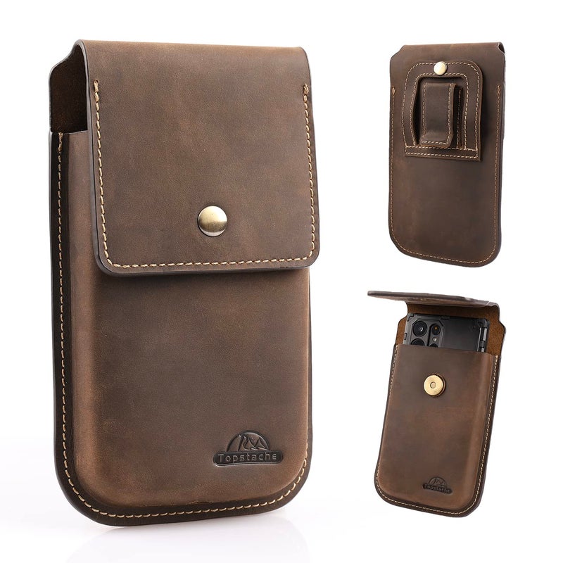 Topstache Leather Phone Holster for iPhone 17/16/15/14/13 Pro Max & Plus - Belt Clip Cell Phone Case for Galaxy S25/S24/S23 Ultra & Plus - Leather Belt Holder Pouch for Men, XL,Darkbrown - Image 1