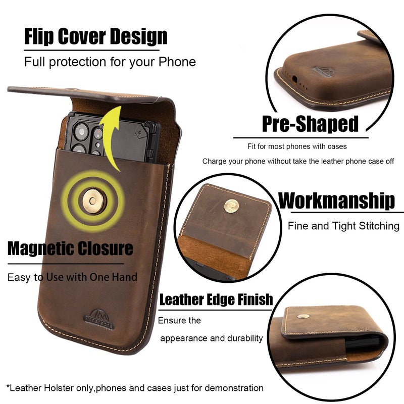 Topstache Leather Phone Holster for iPhone 17/16/15/14/13 Pro Max & Plus - Belt Clip Cell Phone Case for Galaxy S25/S24/S23 Ultra & Plus - Leather Belt Holder Pouch for Men, XL,Darkbrown - Image 2