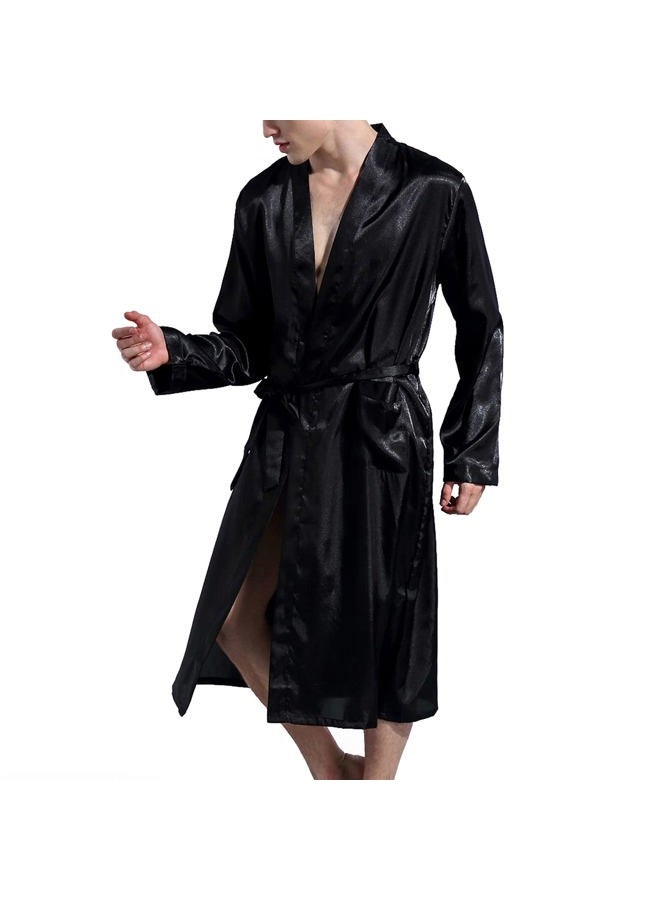 Lu's Chic Men's Satin Kimono Robe Silk Classic Long Bathrobe Pockets Lightweight Loungewear, Black, XXL - Image 3