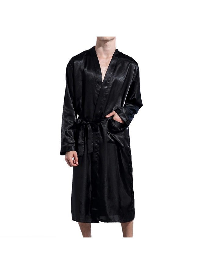 Lu's Chic Men's Satin Kimono Robe Silk Classic Long Bathrobe Pockets Lightweight Loungewear, Black, XXL - Image 1