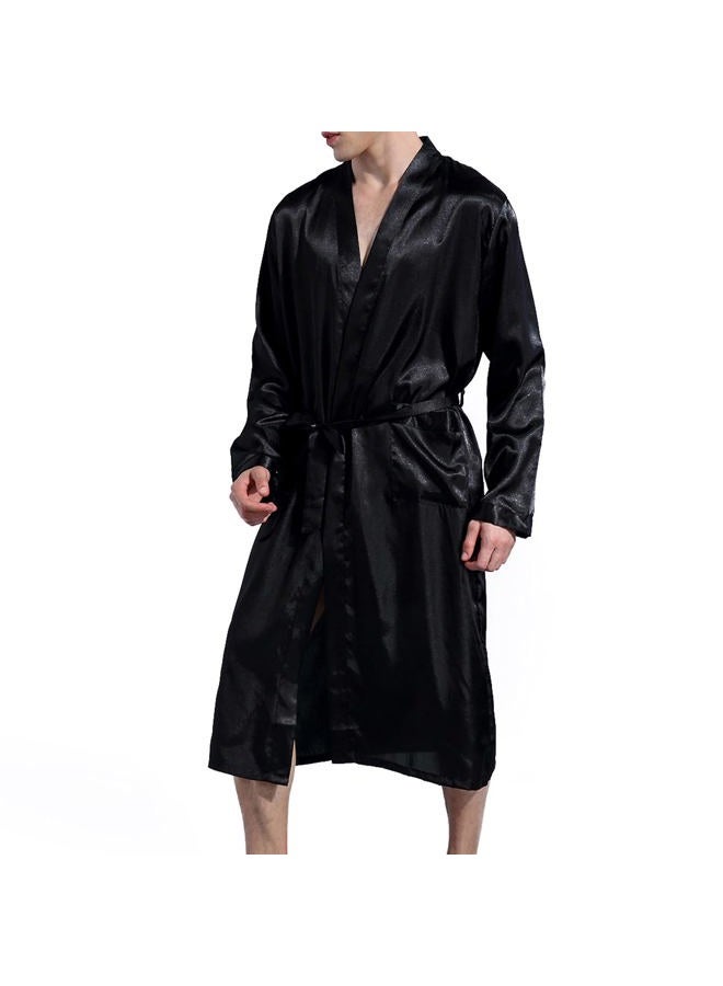 Lu's Chic Men's Satin Kimono Robe Silk Classic Long Bathrobe Pockets Lightweight Loungewear, Black, XXL - Image 2