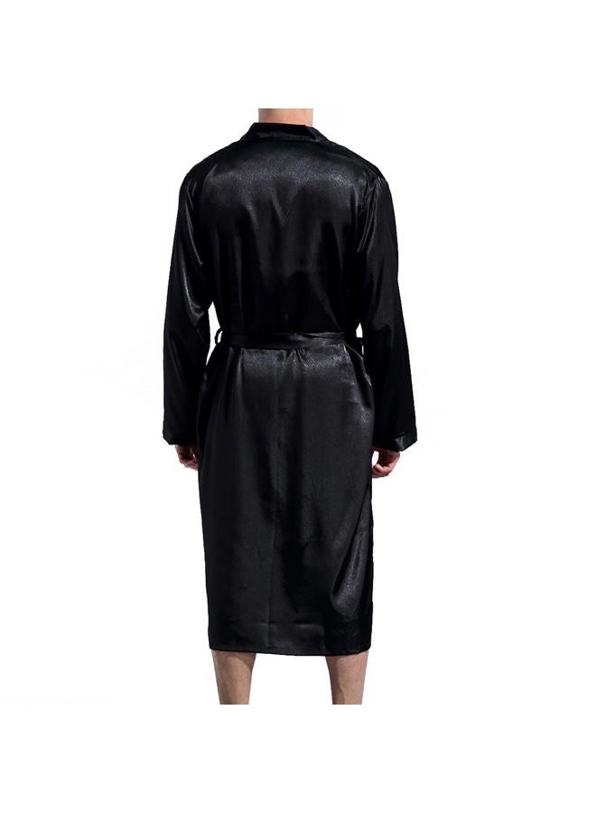 Lu's Chic Men's Satin Kimono Robe Silk Classic Long Bathrobe Pockets Lightweight Loungewear, Black, XXL - Image 4