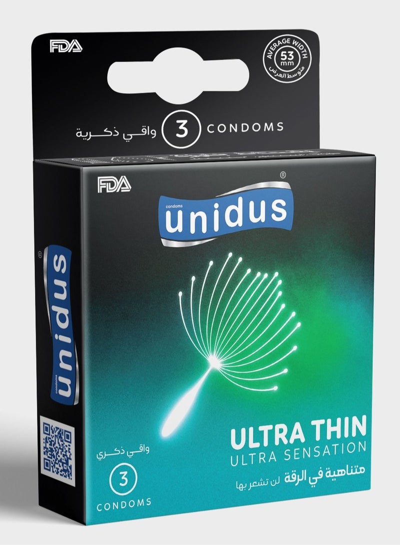 Unidus Condom - ULTRA THIN - Ultra Sensation - Lubricated Condoms for Men, Pack of 3 - Image 1