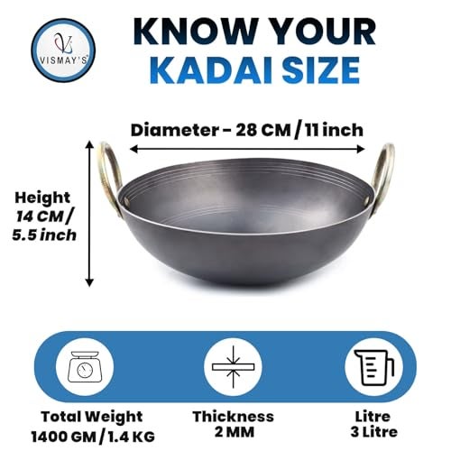 VISMAY'S 3 Litre 11 Inch Food Grade Iron Kadhai Wok Frypan Lohe ki Kadai Smooth Edges Riveted Handles Deep Frying, Roasting Metal Spoon Friendly Traditional Indian Cooking Durable Kitchen Cookware - Image 2