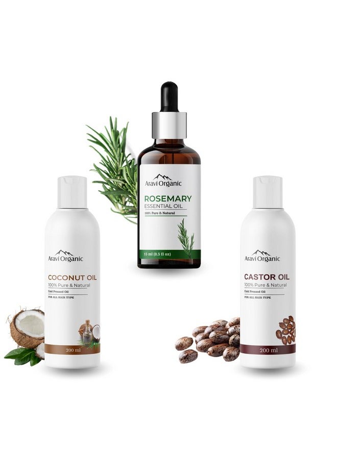Aravi Organic 100% Pure Rosemary Essential Oil, Cold Pressed Coconut Oil, And Castor Oil For Hair Growth, Hair Fall Control And Skin Care & Moisturing - For Women And Men (Pack Of 2-200 Ml & 15 Ml)  - Image 1