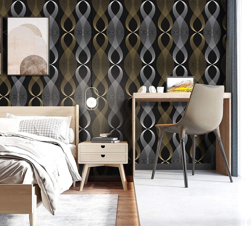HOMEMATES Self-Adhesive Wallpaper Waterproof Old Furniture Vinyl Stickers Wooden Door Wardrobe Desktop PVC Wall Papers 45 X 304 CM (Black & Gold Wave) - Image 2