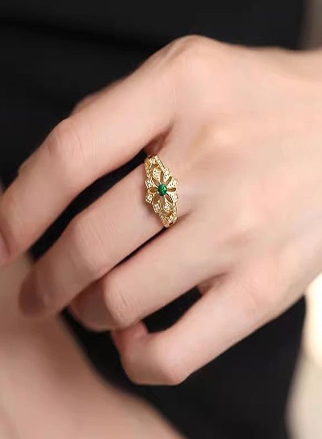 BlingNook Gold Flower Rings For Women, Trendy Inlaid Zircon Copper Cute Charm Promise Engagement Couples Wedding Stackable Ring Jewelry Wife Mother Gift (Gold, 9) - Image 3