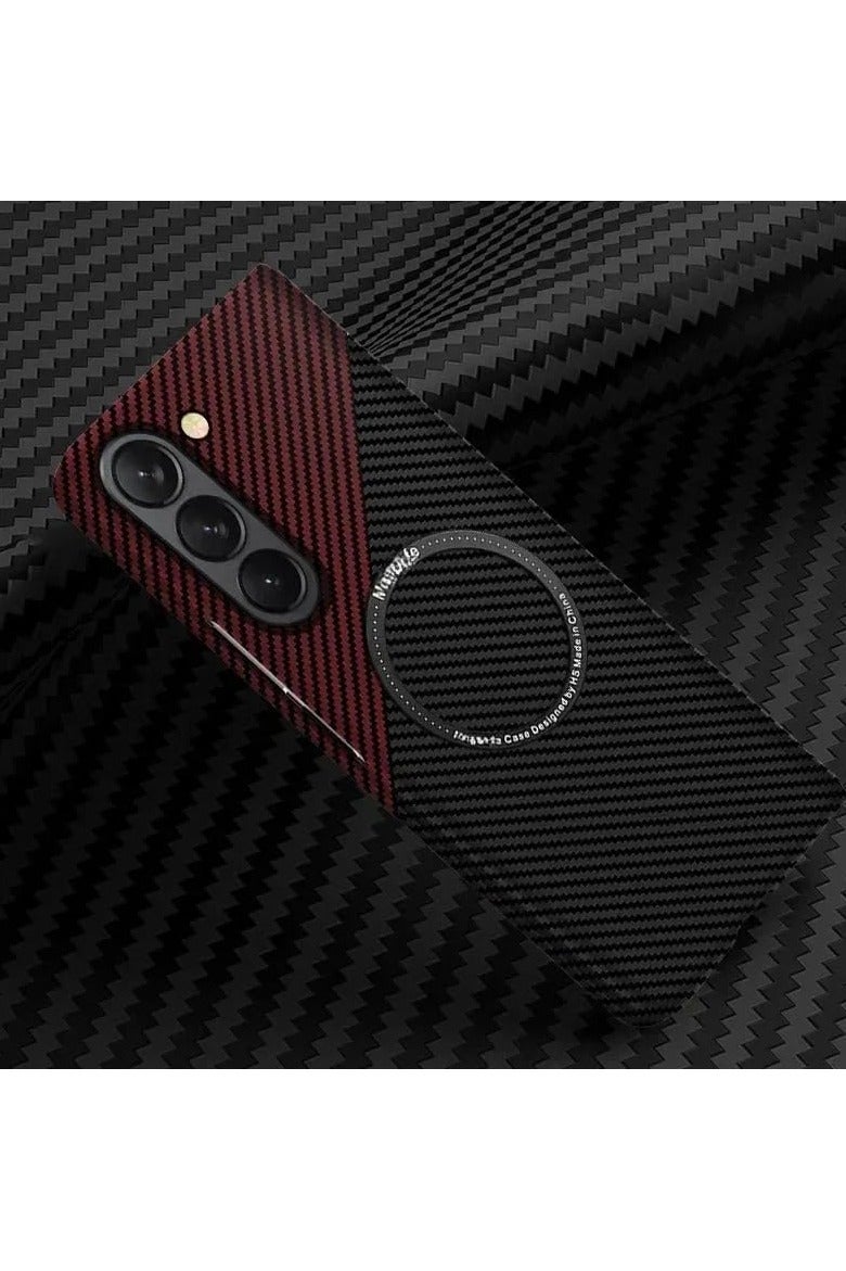 VKL Carbon Fiber Case Compatible with Samsung Galaxy Z Fold 7 5G - Thin Skin Friendly Matte Kevlar Magnetic Wireless Charging Shockproof Cover For Z Fold7 (Black Red)