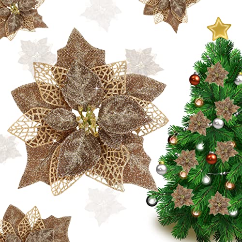 Louiesya (Pack of 12) Glitter Poinsettia Christmas Tree Ornaments,Christmas Decorations Flower (Brown Gold) - Image 1
