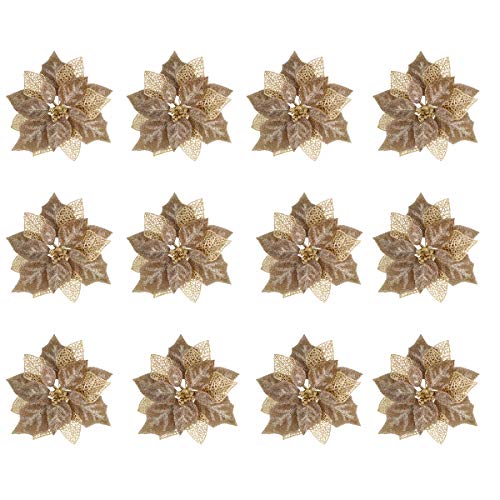 Louiesya (Pack of 12) Glitter Poinsettia Christmas Tree Ornaments,Christmas Decorations Flower (Brown Gold) - Image 5