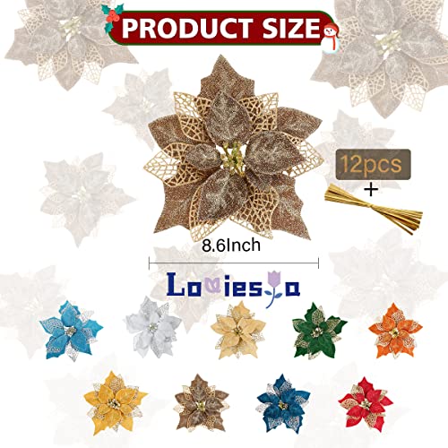 Louiesya (Pack of 12) Glitter Poinsettia Christmas Tree Ornaments,Christmas Decorations Flower (Brown Gold) - Image 2