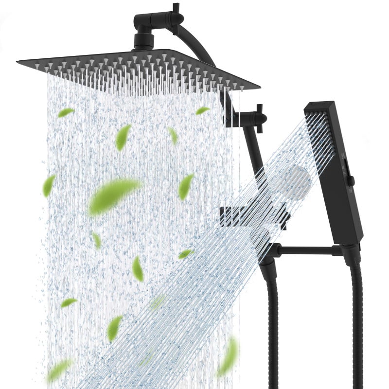 Hibbent All Metal CUPC Certified 10'' Rainfall Shower Head, Dual Shower Head Combo, High Pressure Handheld 4 Sprays Shower Wand, 16'' Adjustable Extension Arm, 71'' Hose, Shower Holder, Matte Black - Image 1