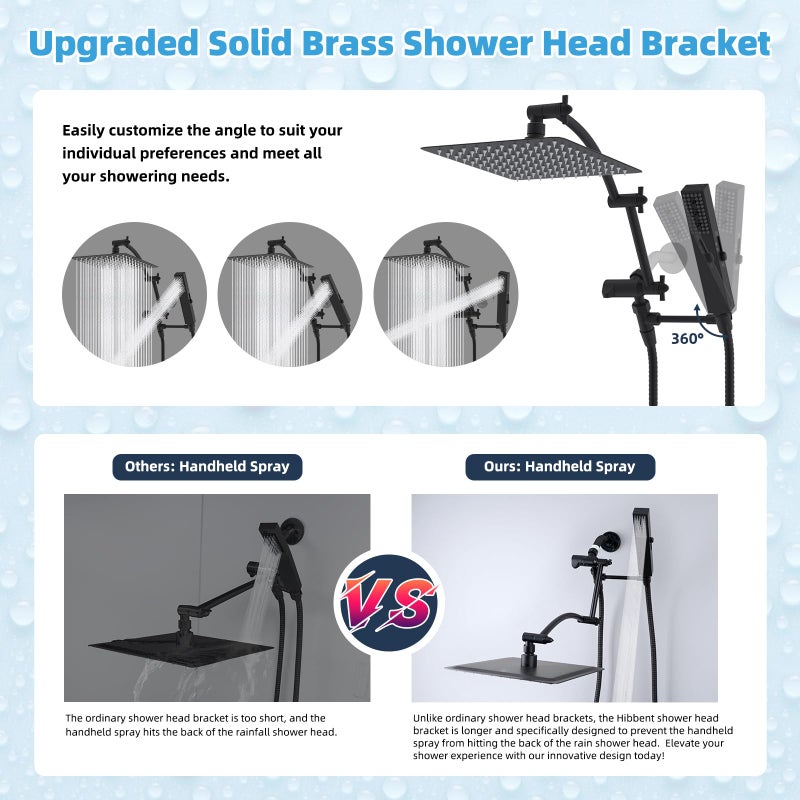 Hibbent All Metal CUPC Certified 10'' Rainfall Shower Head, Dual Shower Head Combo, High Pressure Handheld 4 Sprays Shower Wand, 16'' Adjustable Extension Arm, 71'' Hose, Shower Holder, Matte Black - Image 3