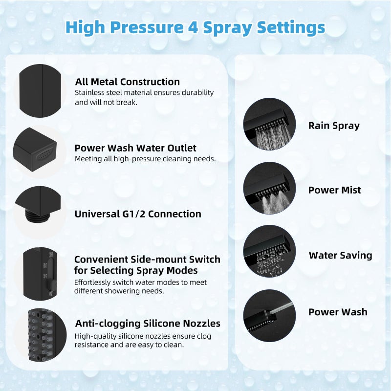 Hibbent All Metal CUPC Certified 10'' Rainfall Shower Head, Dual Shower Head Combo, High Pressure Handheld 4 Sprays Shower Wand, 16'' Adjustable Extension Arm, 71'' Hose, Shower Holder, Matte Black - Image 5