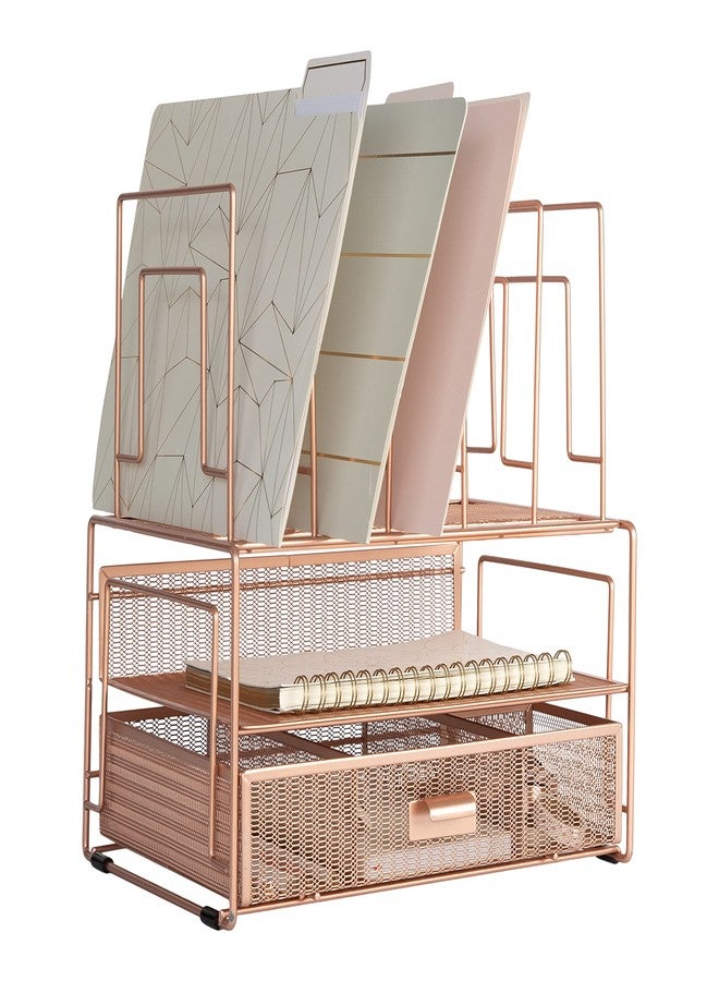 BLU MONACO | Rose Gold Desk Organizer with Drawer | Metal Desk Organizer with File Sorters and Storage Compartments | Office Desk Organizer for Paper Folders and Supplies - Image 1