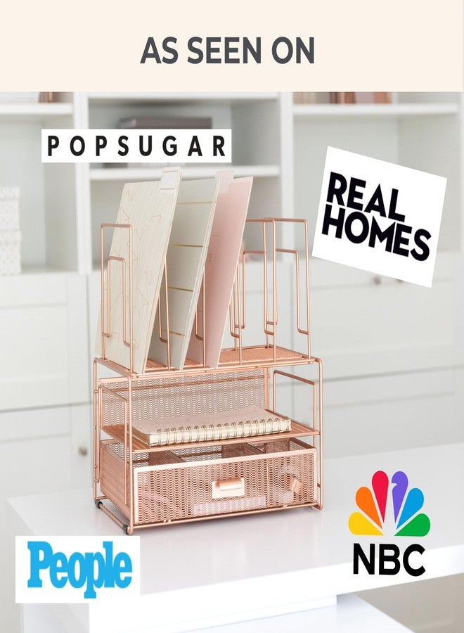BLU MONACO | Rose Gold Desk Organizer with Drawer | Metal Desk Organizer with File Sorters and Storage Compartments | Office Desk Organizer for Paper Folders and Supplies - Image 4