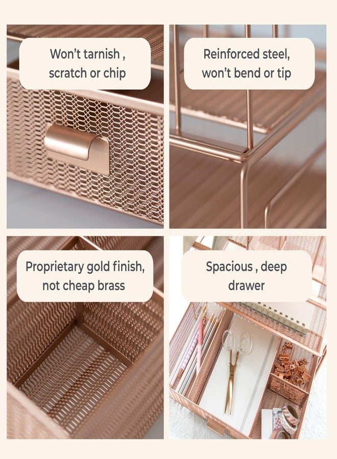 BLU MONACO | Rose Gold Desk Organizer with Drawer | Metal Desk Organizer with File Sorters and Storage Compartments | Office Desk Organizer for Paper Folders and Supplies - Image 5