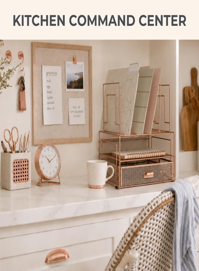 BLU MONACO | Rose Gold Desk Organizer with Drawer | Metal Desk Organizer with File Sorters and Storage Compartments | Office Desk Organizer for Paper Folders and Supplies - Image 3