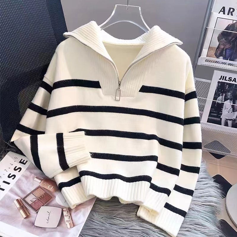 2024 Autumn and Winter New Striped Sweater Lapel Zipper Spliced Color Sweater Loose Slimming All-match Lazy Top White - Image 3