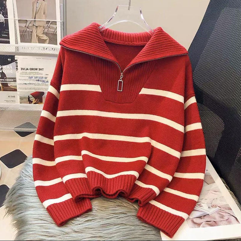 2024 Autumn and Winter New Striped Sweater Lapel Zipper Spliced Color Sweater Loose Slimming All-match Lazy Top White - Image 5