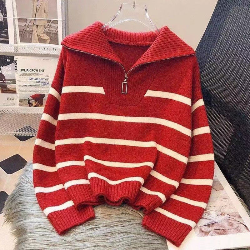 2024 Autumn and Winter New Striped Sweater Lapel Zipper Spliced Color Sweater Loose Slimming All-match Lazy Top White - Image 4